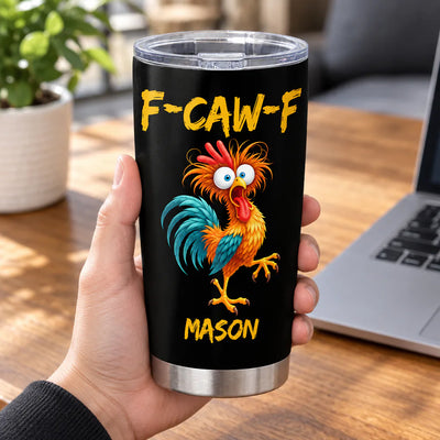 Personalized tumbler custom name rooster design with Santa hat rooster and lights on a table by Christmas decor