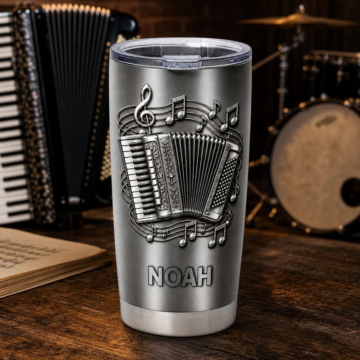 For The Music Lover Who Carries a Song Wherever They Go -  Personalized Tumbler, Brushed Silver Metal 3D Tumbler For Accordion Lovers