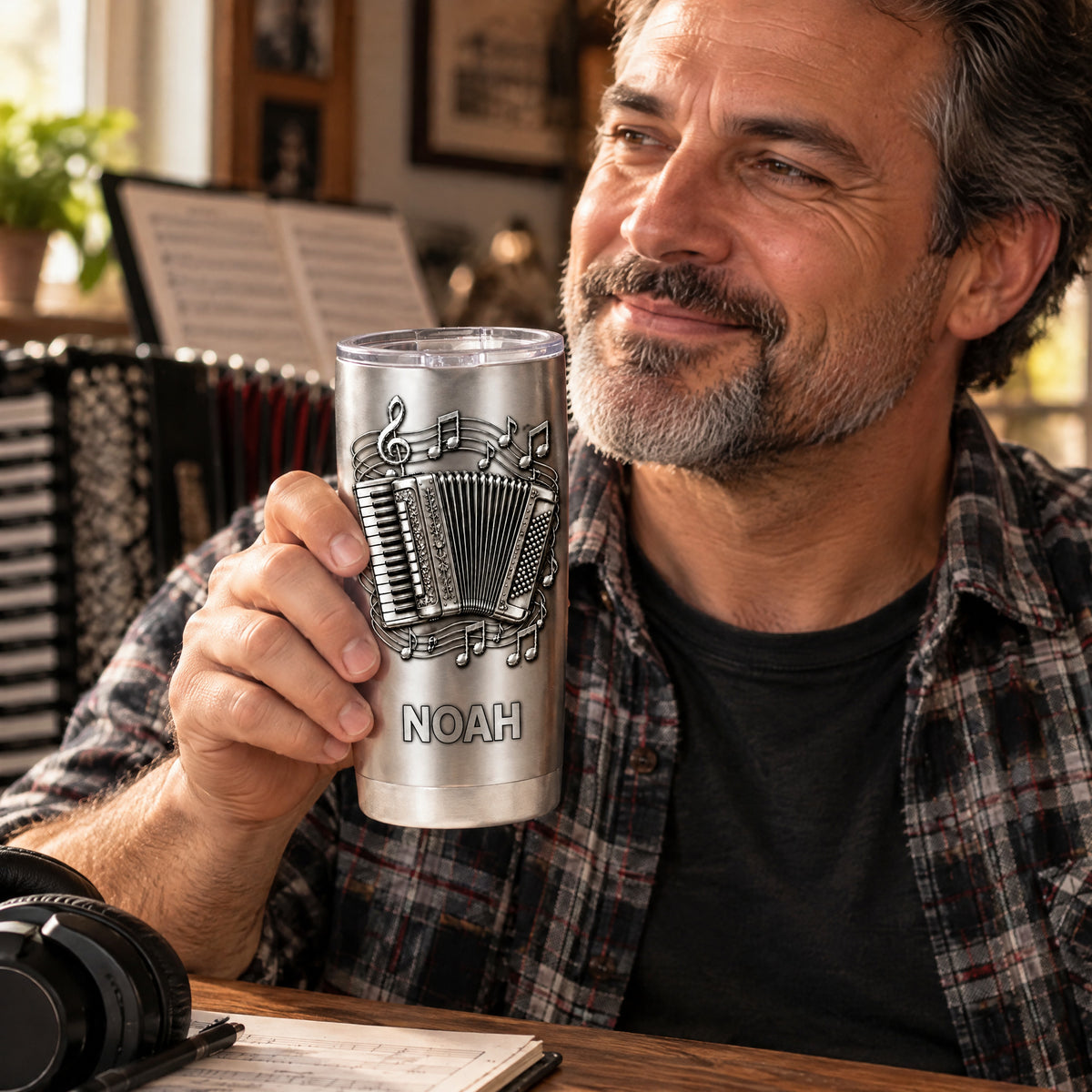 For The Music Lover Who Carries a Song Wherever They Go -  Personalized Tumbler, Brushed Silver Metal 3D Tumbler For Accordion Lovers