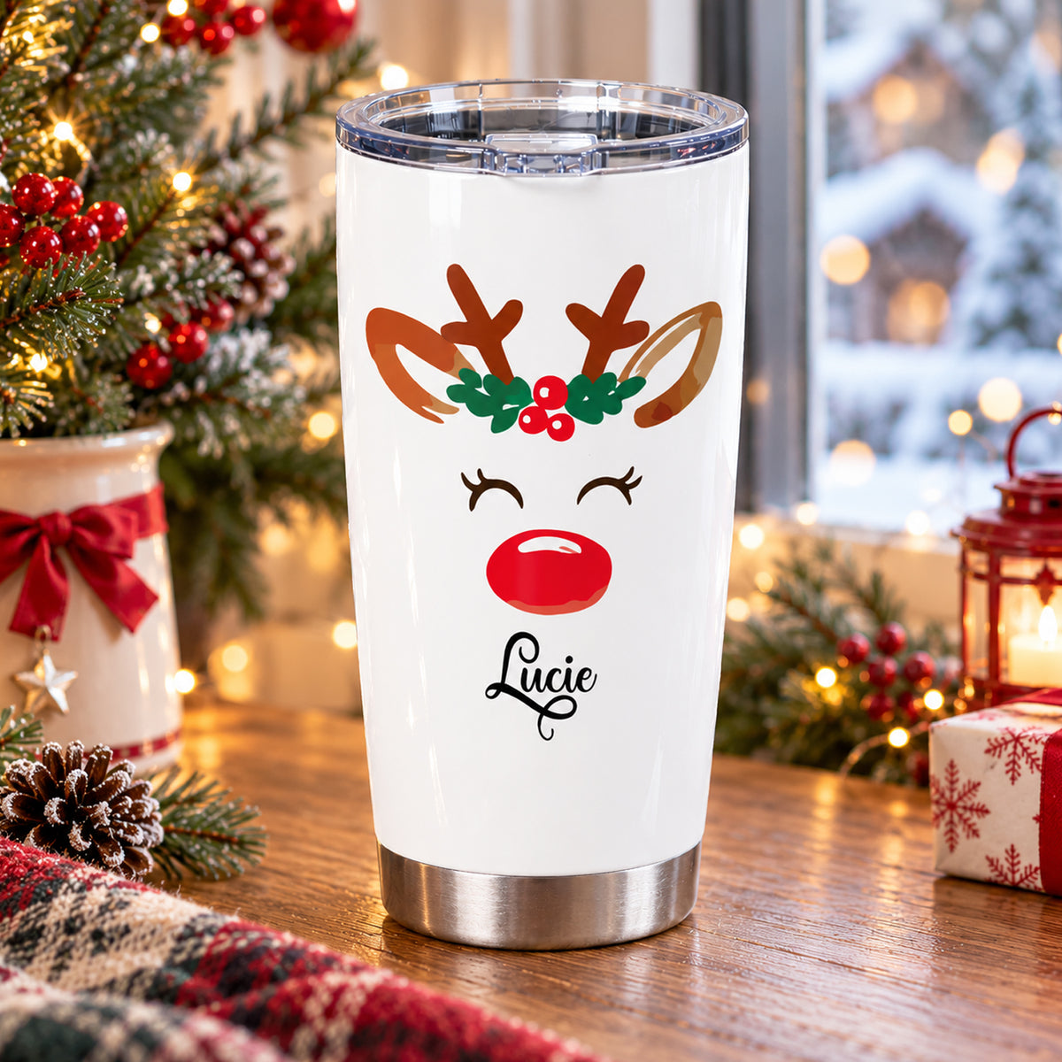 Reindeer Christmas - Personalized Tumbler, Custom Name Holiday Cup, Family Christmas Gift, Christmas Tumbler Gift