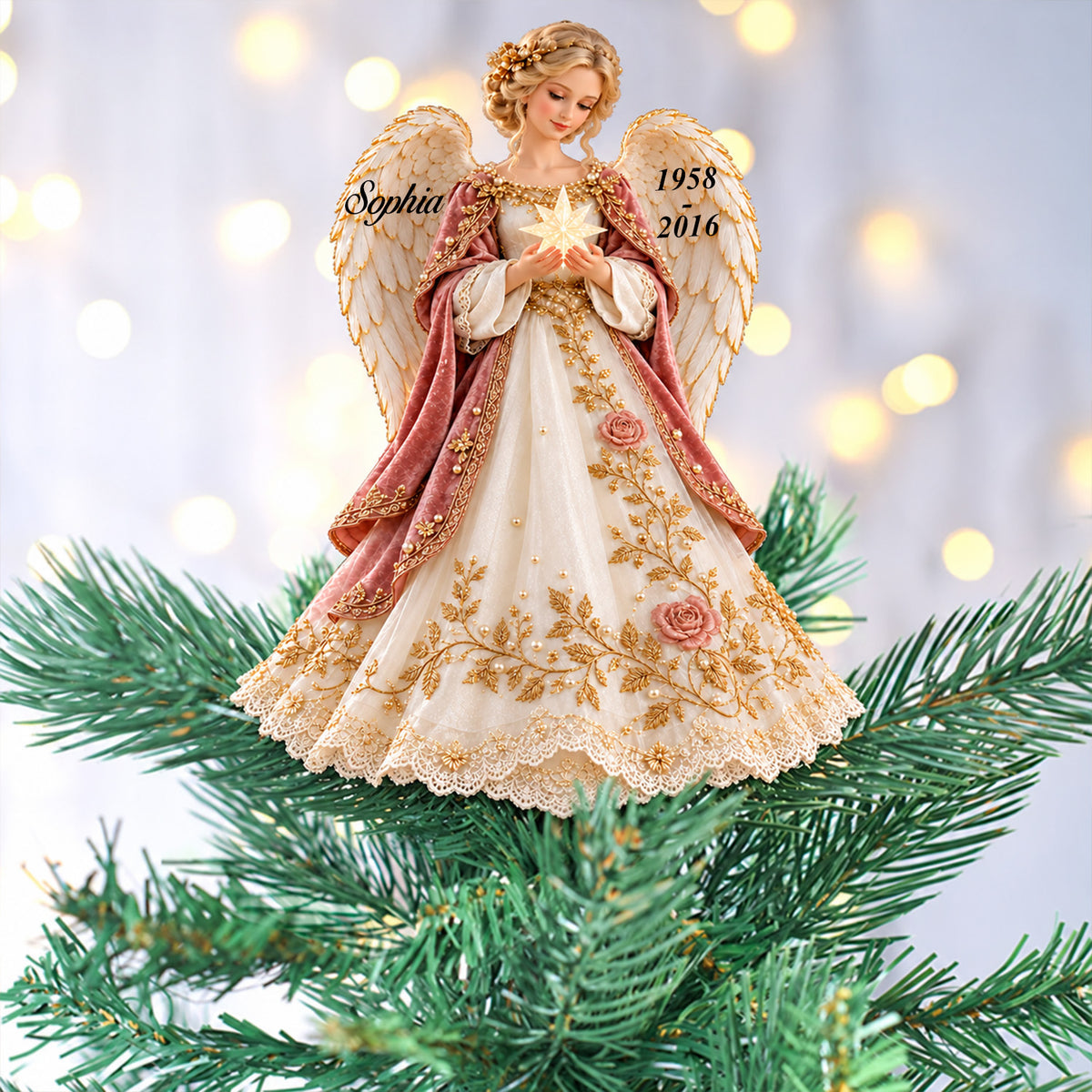 Personalized Angel Tree Topper in a close view on green branches with soft glowing lights behind