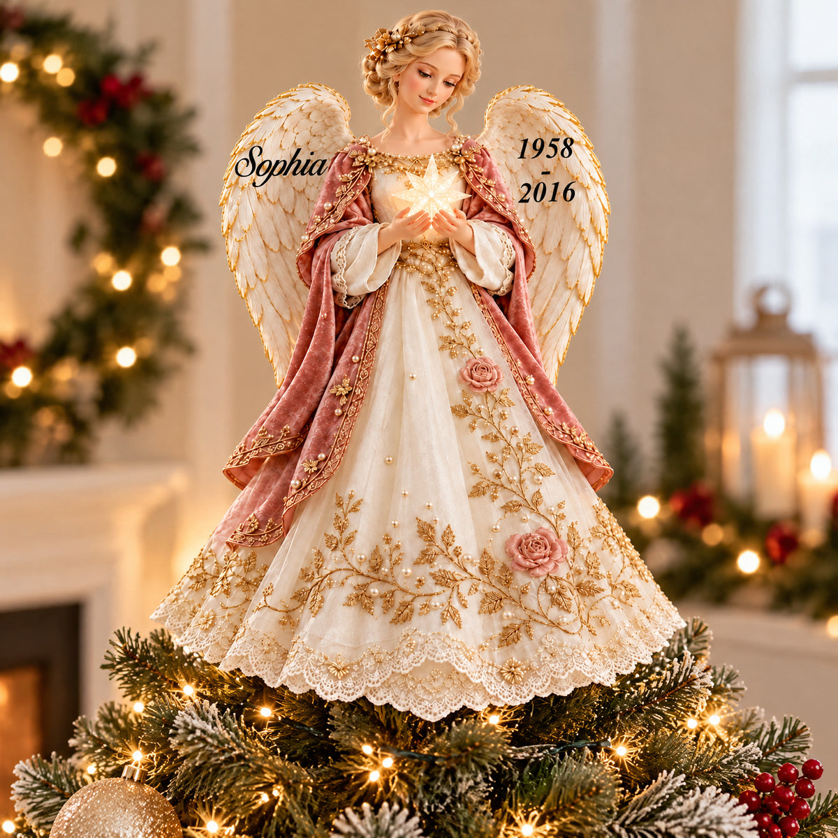 Personalized Angel Tree Topper on a frosted tree with gold ornaments, garland and a lantern in the background