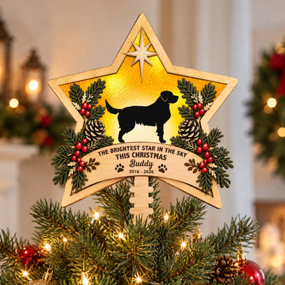Personalized Brightest Star Christmas Tree Topper close view on tree branches with warm string lights