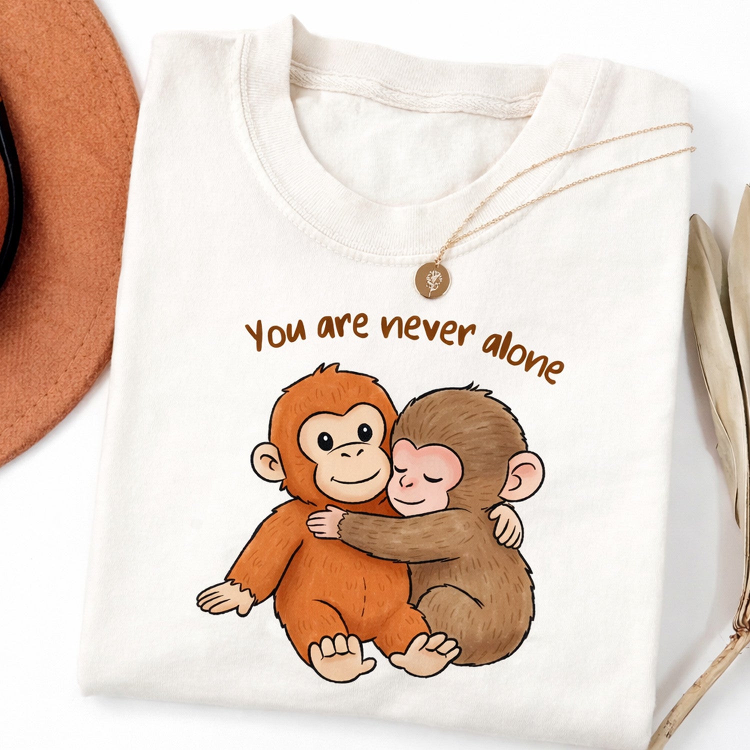 You Are Never Alone T-Shirt, Viral Punch Monkey Shirt, Cute Baby Monkey With Plush Toy Shirt, Emotional Gift For Animal Lovers