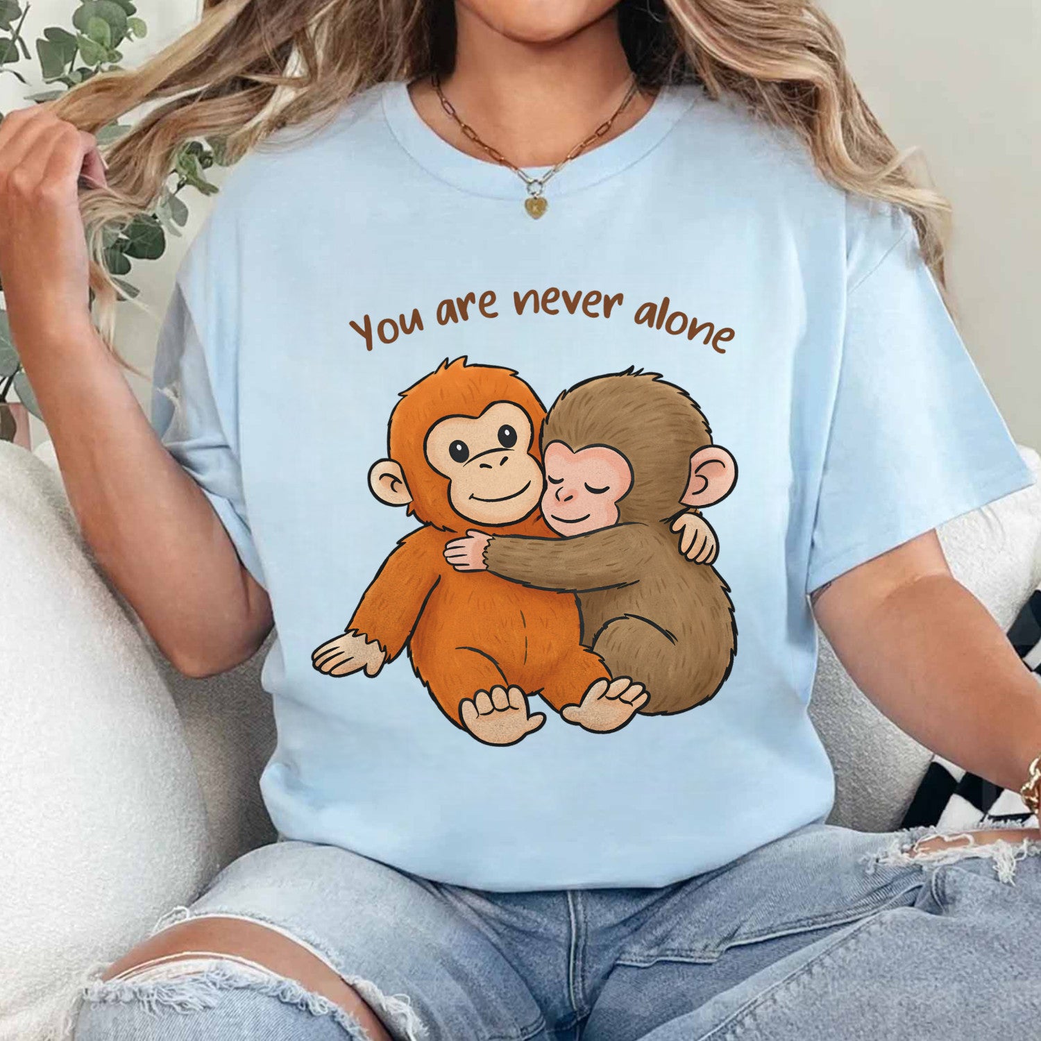 You Are Never Alone T-Shirt, Viral Punch Monkey Shirt, Cute Baby Monkey With Plush Toy Shirt, Emotional Gift For Animal Lovers