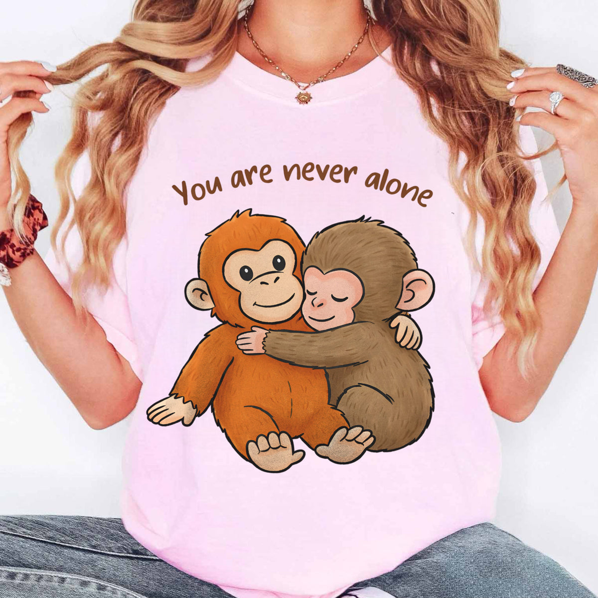 You Are Never Alone T-Shirt, Viral Punch Monkey Shirt, Cute Baby Monkey With Plush Toy Shirt, Emotional Gift For Animal Lovers