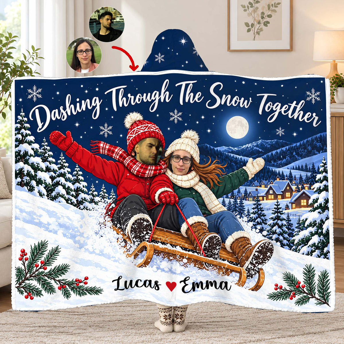 Dashing Through The Snow Together - Personalized Wearable Hooded Blanket, Custom Photo Face Gingerbread Hooded Blanket