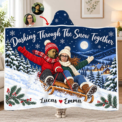 Dashing Through The Snow Together - Personalized Wearable Hooded Blanket, Custom Photo Face Gingerbread Hooded Blanket