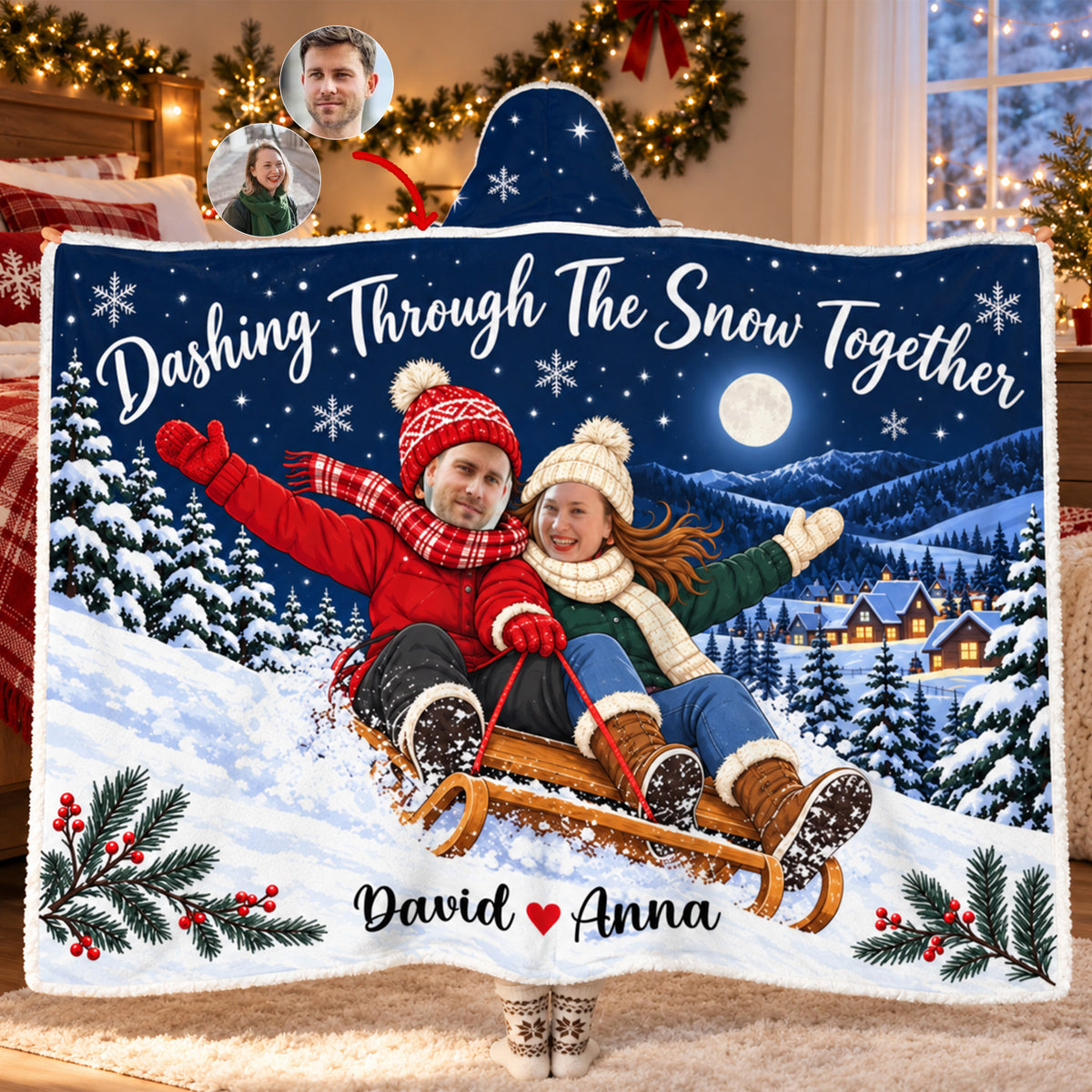 Dashing Through The Snow Together - Personalized Wearable Hooded Blanket, Custom Photo Face Gingerbread Hooded Blanket