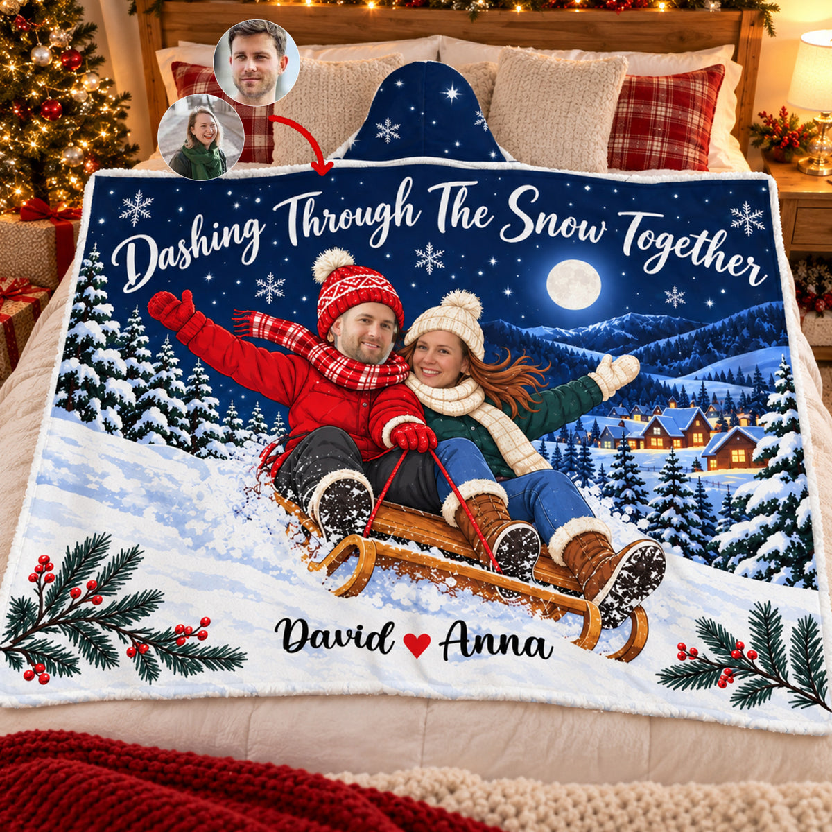 Dashing Through The Snow Together - Personalized Wearable Hooded Blanket, Custom Photo Face Gingerbread Hooded Blanket