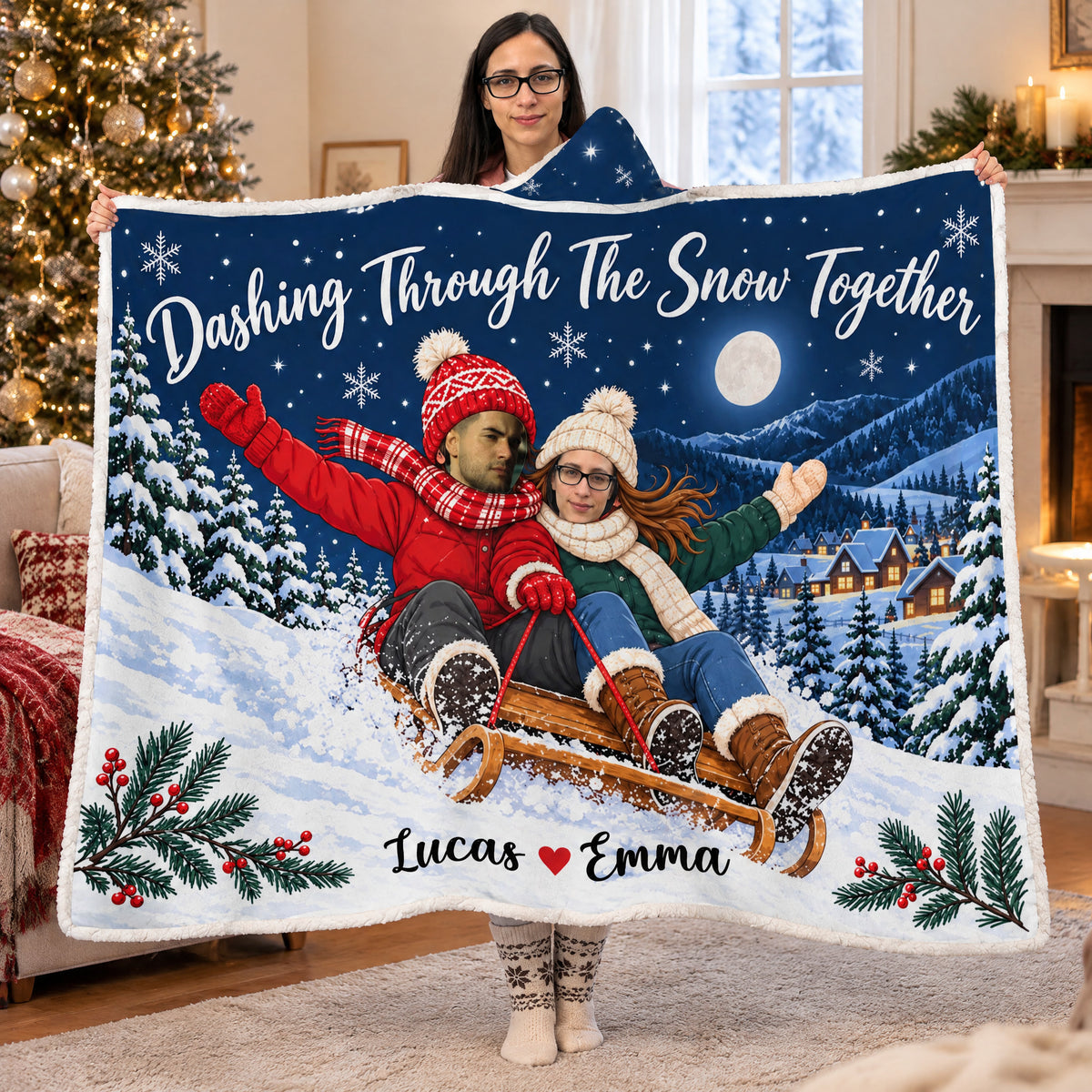 Dashing Through The Snow Together - Personalized Wearable Hooded Blanket, Custom Photo Face Gingerbread Hooded Blanket