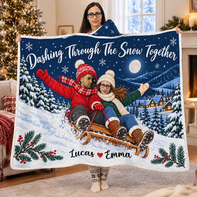 Dashing Through The Snow Together - Personalized Wearable Hooded Blanket, Custom Photo Face Gingerbread Hooded Blanket