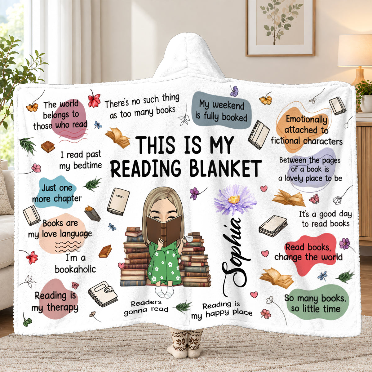 This Is My Reading Blanket - Personalized Hooded Blanket, Custom Name And Birth Month Flower Blanket, Gift For Reading Lovers
