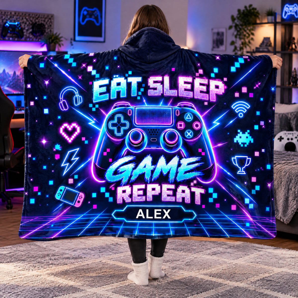Personalized wearable hooded blanket shown from behind with a neon controller design and the name Alex
