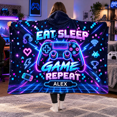 Personalized wearable hooded blanket shown from behind with a neon controller design and the name Alex