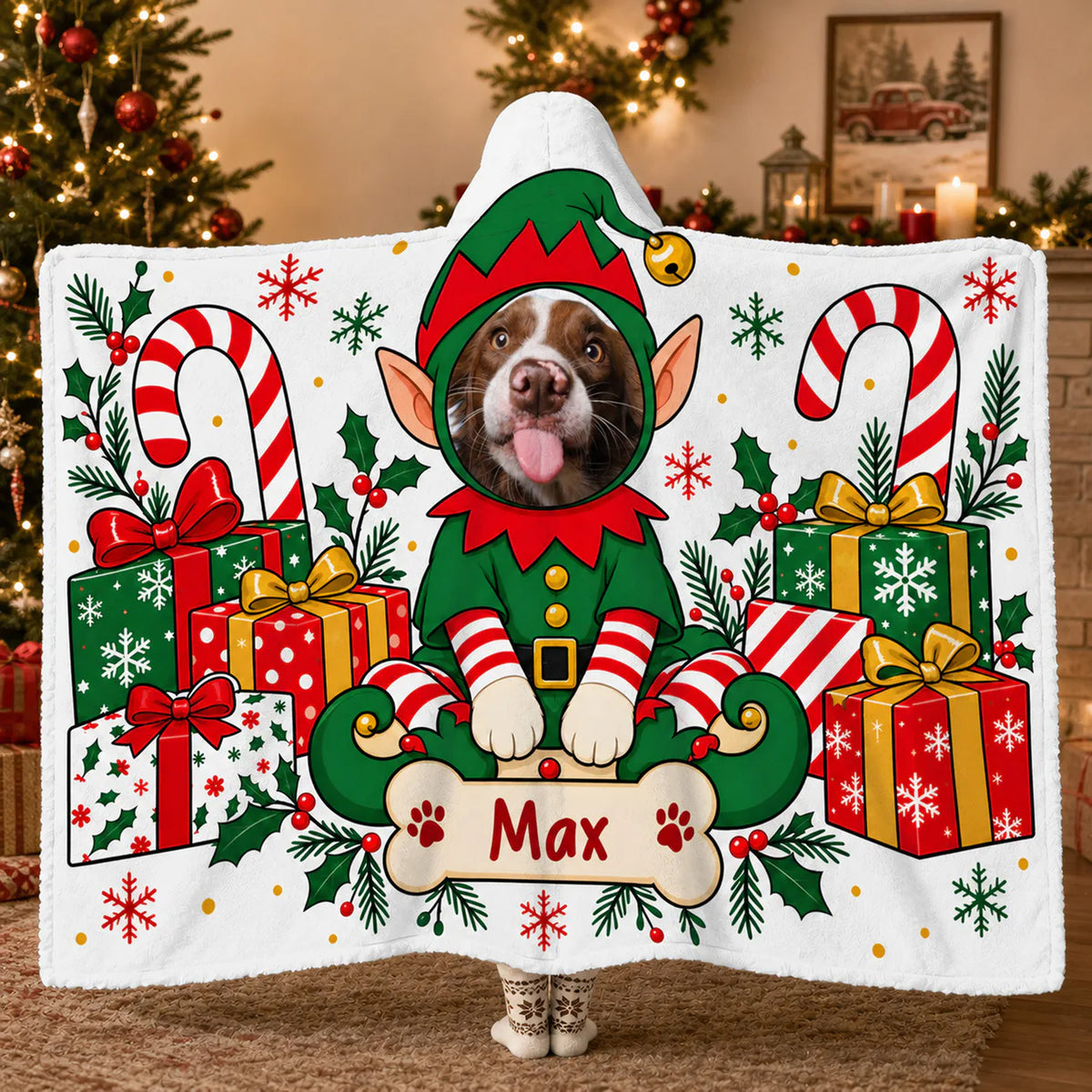 A Cozy Holiday Hug Made Just for Your Favorite Fur Baby - Personalized Hooded Blanket, Custom Pet Face Elf Gift For Pet Lovers