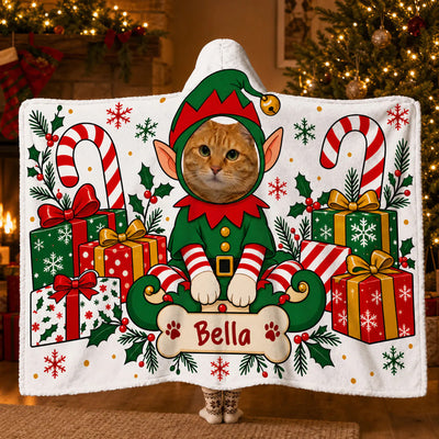 A Cozy Holiday Hug Made Just for Your Favorite Fur Baby - Personalized Hooded Blanket, Custom Pet Face Elf Gift For Pet Lovers