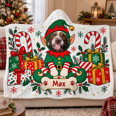 A Cozy Holiday Hug Made Just for Your Favorite Fur Baby - Personalized Hooded Blanket, Custom Pet Face Elf Gift For Pet Lovers