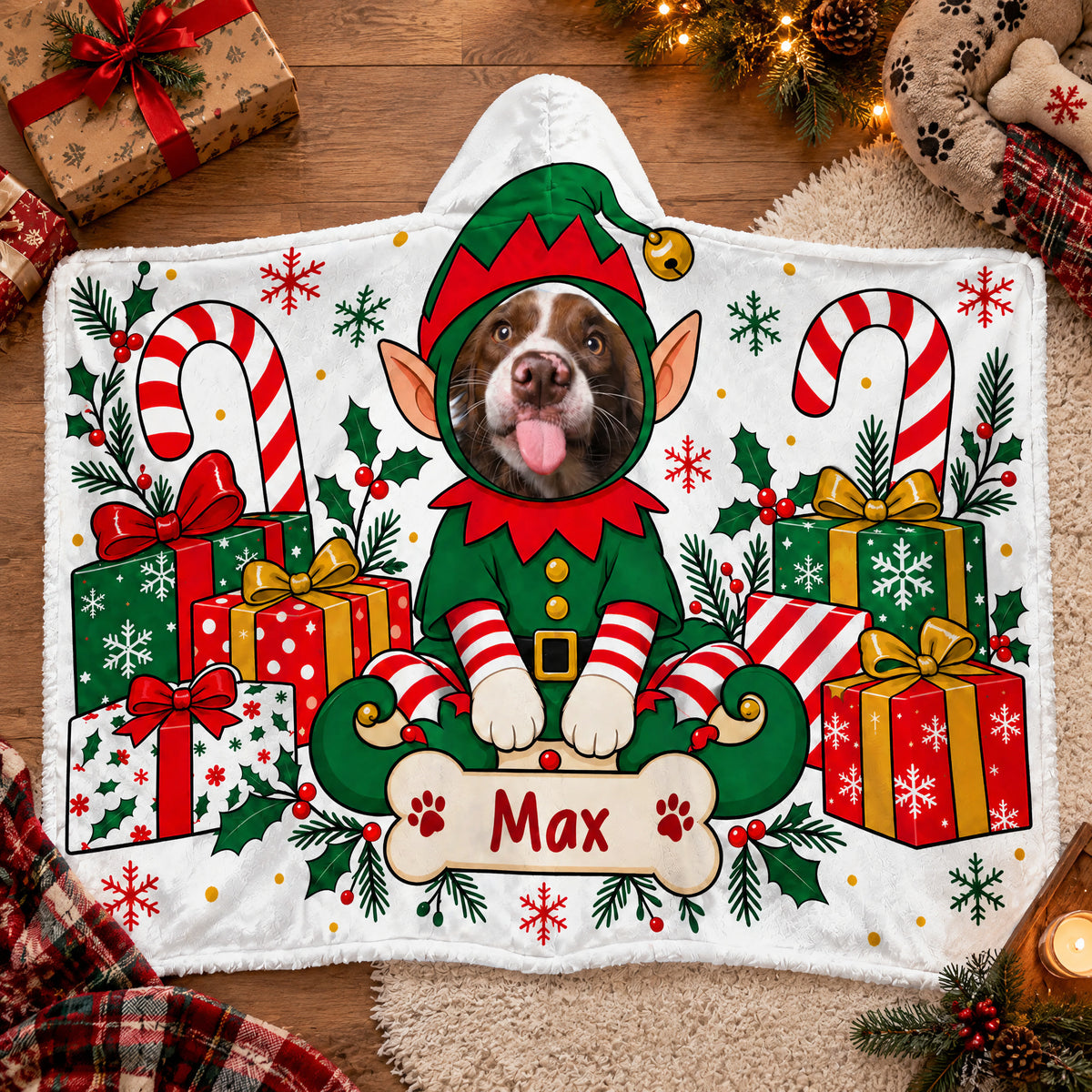 A Cozy Holiday Hug Made Just for Your Favorite Fur Baby - Personalized Hooded Blanket, Custom Pet Face Elf Gift For Pet Lovers
