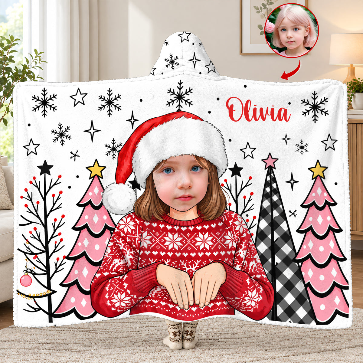Children With Christmas - Personalized Wearable Hooded Blanket, Custom Kid Photo Christmas Blanket, Gift for Children