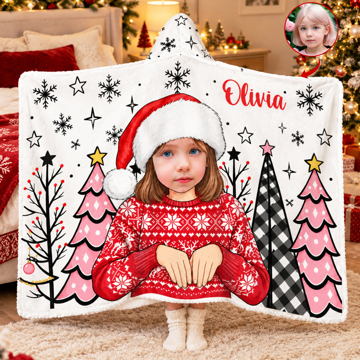 Children With Christmas - Personalized Wearable Hooded Blanket, Custom Kid Photo Christmas Blanket, Gift for Children