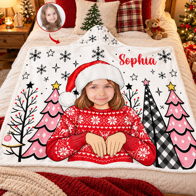 Children With Christmas - Personalized Wearable Hooded Blanket, Custom Kid Photo Christmas Blanket, Gift for Children