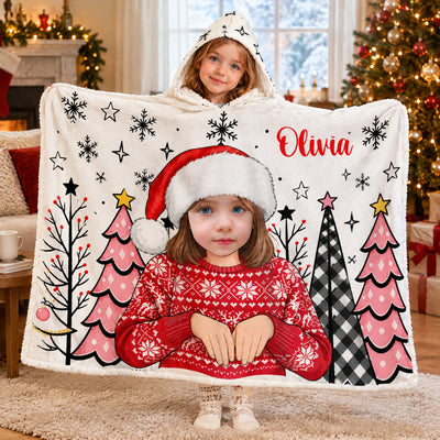 Children With Christmas - Personalized Wearable Hooded Blanket, Custom Kid Photo Christmas Blanket, Gift for Children