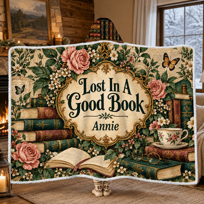 Lost in a Good Book Custom Name Hooded Blanket, Vintage Floral Book Lover Throw with Roses and Butterflies, Cozy Reading Gift for Bookworms, Birthday Gift for Readers