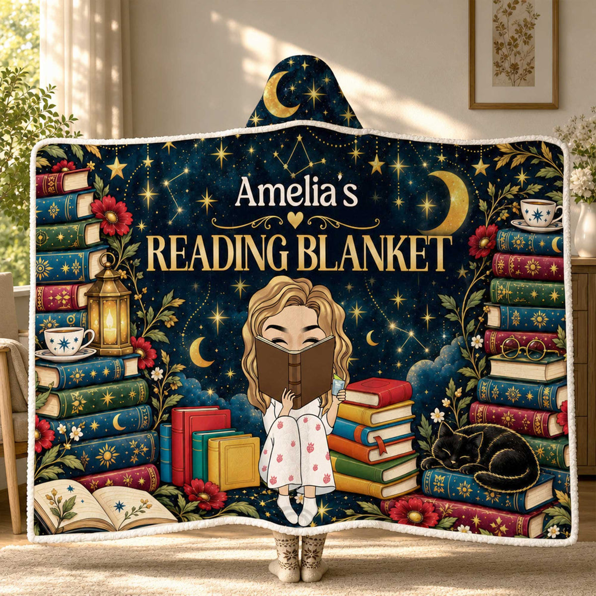 My Reading Corner - Personalized Wearable Hooded Blanket, Custom Name Reader Blanket, Gift For Book Lovers
