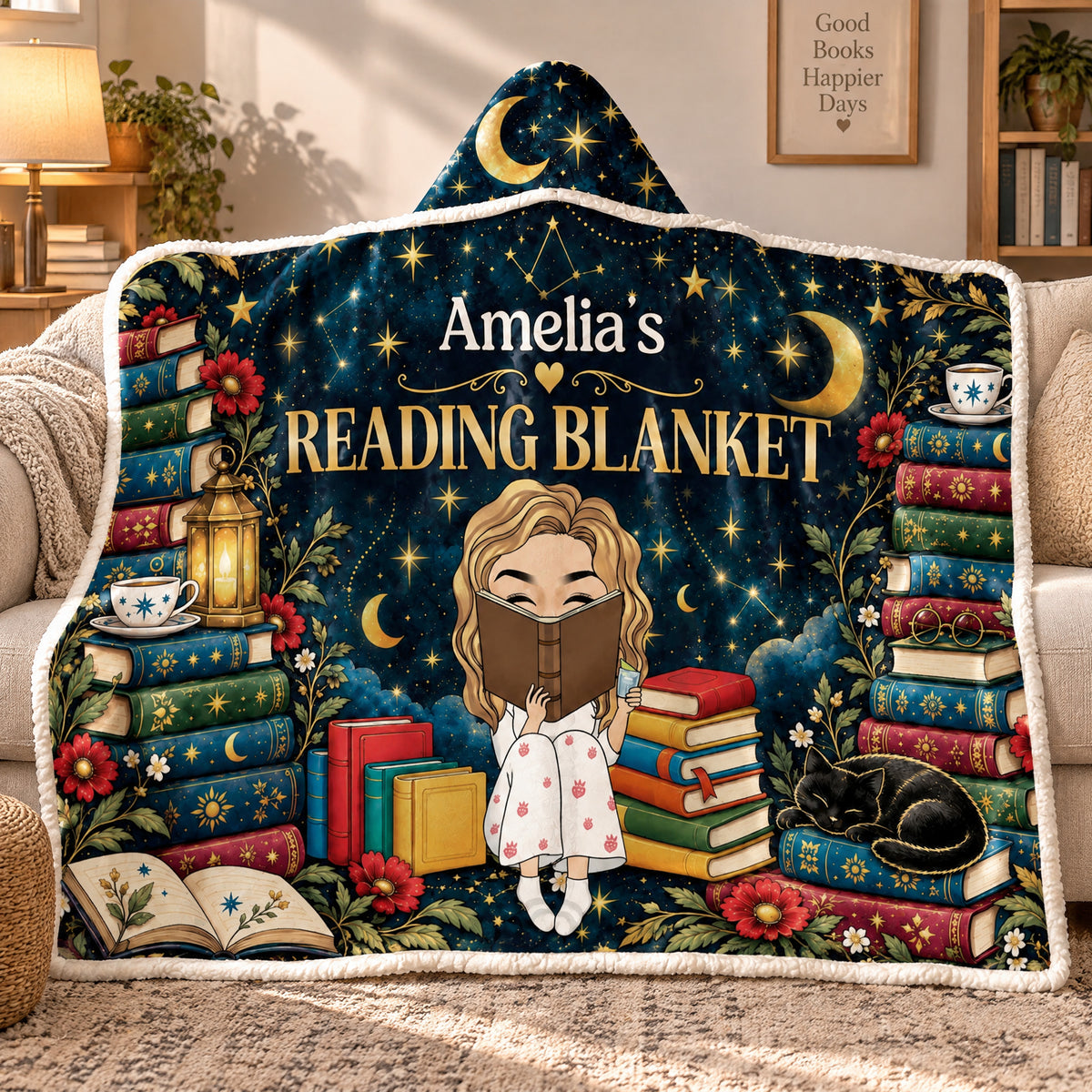 My Reading Corner - Personalized Wearable Hooded Blanket, Custom Name Reader Blanket, Gift For Book Lovers
