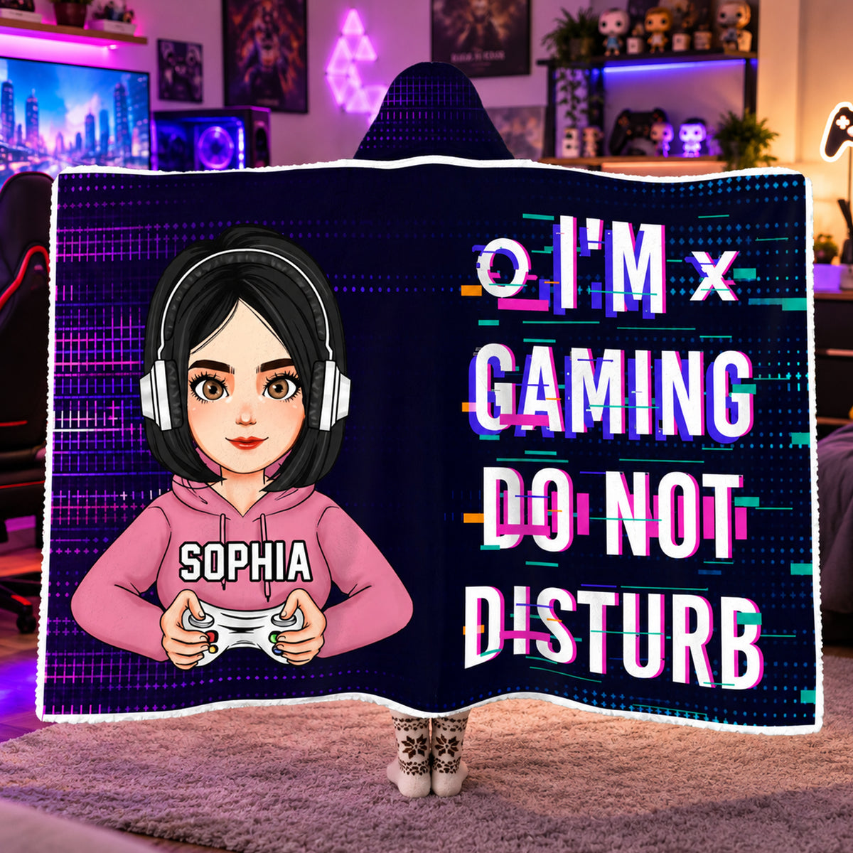 Gaming Time - Personalized Wearable Hooded Blanket, Custom Name , Video Game Lover Blanket, Gift for Gamer
