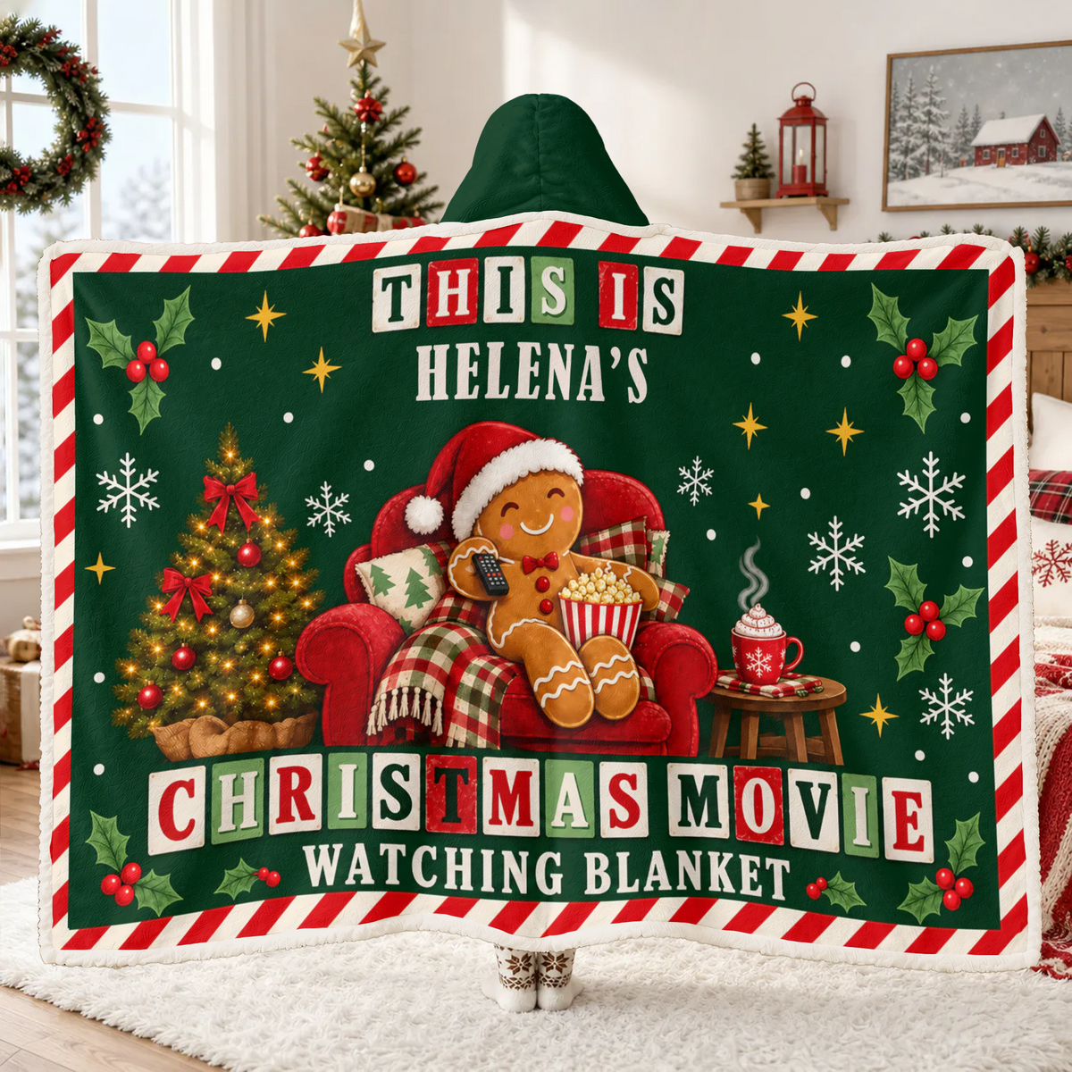 Christmas Movie Time - Personalized Wearable Hooded Blanket, Cozy Gingerbread Wearable Blanket, Christmas Gift