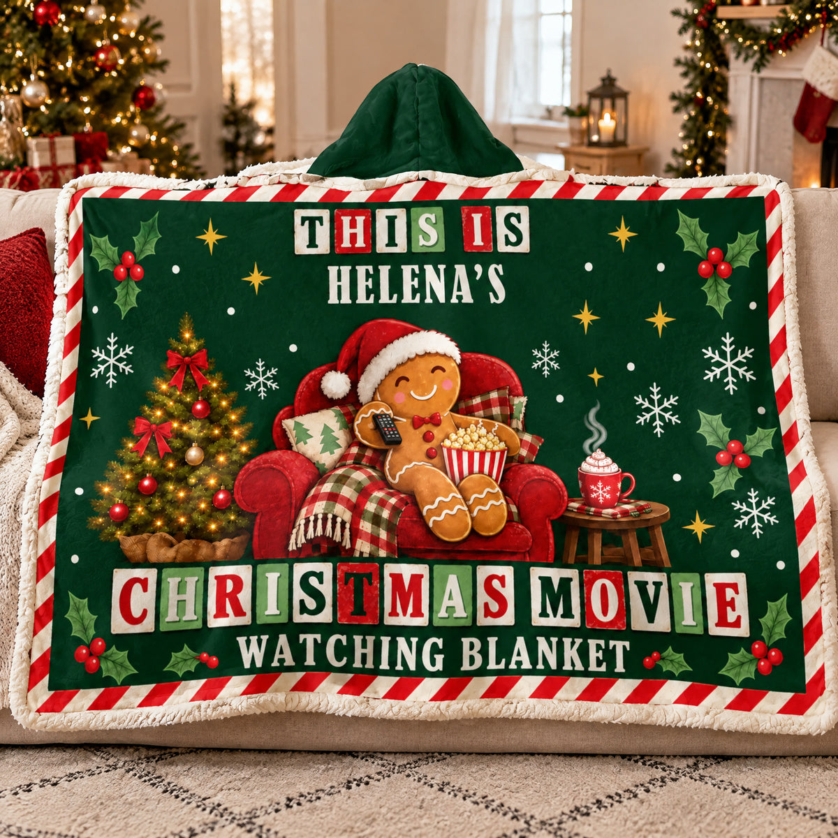 Christmas Movie Time - Personalized Wearable Hooded Blanket, Cozy Gingerbread Wearable Blanket, Christmas Gift