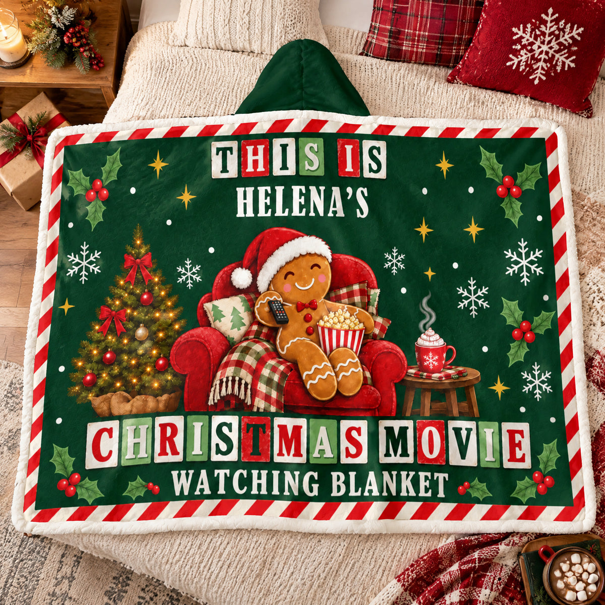 Christmas Movie Time - Personalized Wearable Hooded Blanket, Cozy Gingerbread Wearable Blanket, Christmas Gift