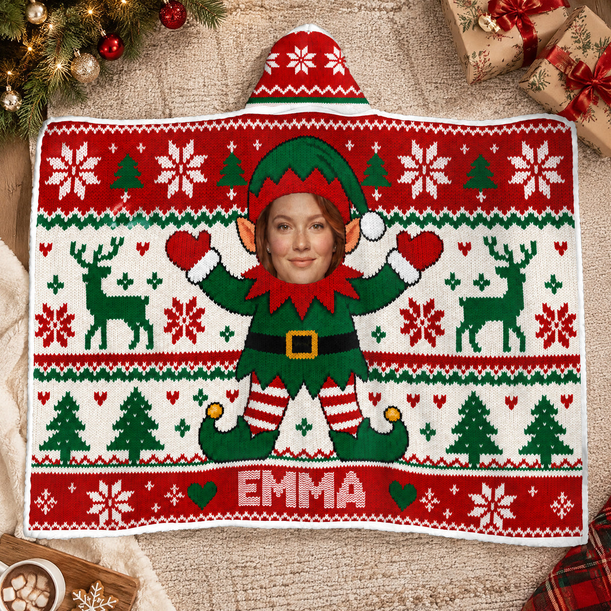 Santa's Cutest Little Helper - Personalized Wearable Hooded Blanket, Custom Photo and Name Kid Blanket, Gift for Children