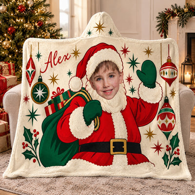 Making Christmas Extra Special - Personalized Hooded Blanket, Custom Santa Face & Name, Cozy Holiday Gift