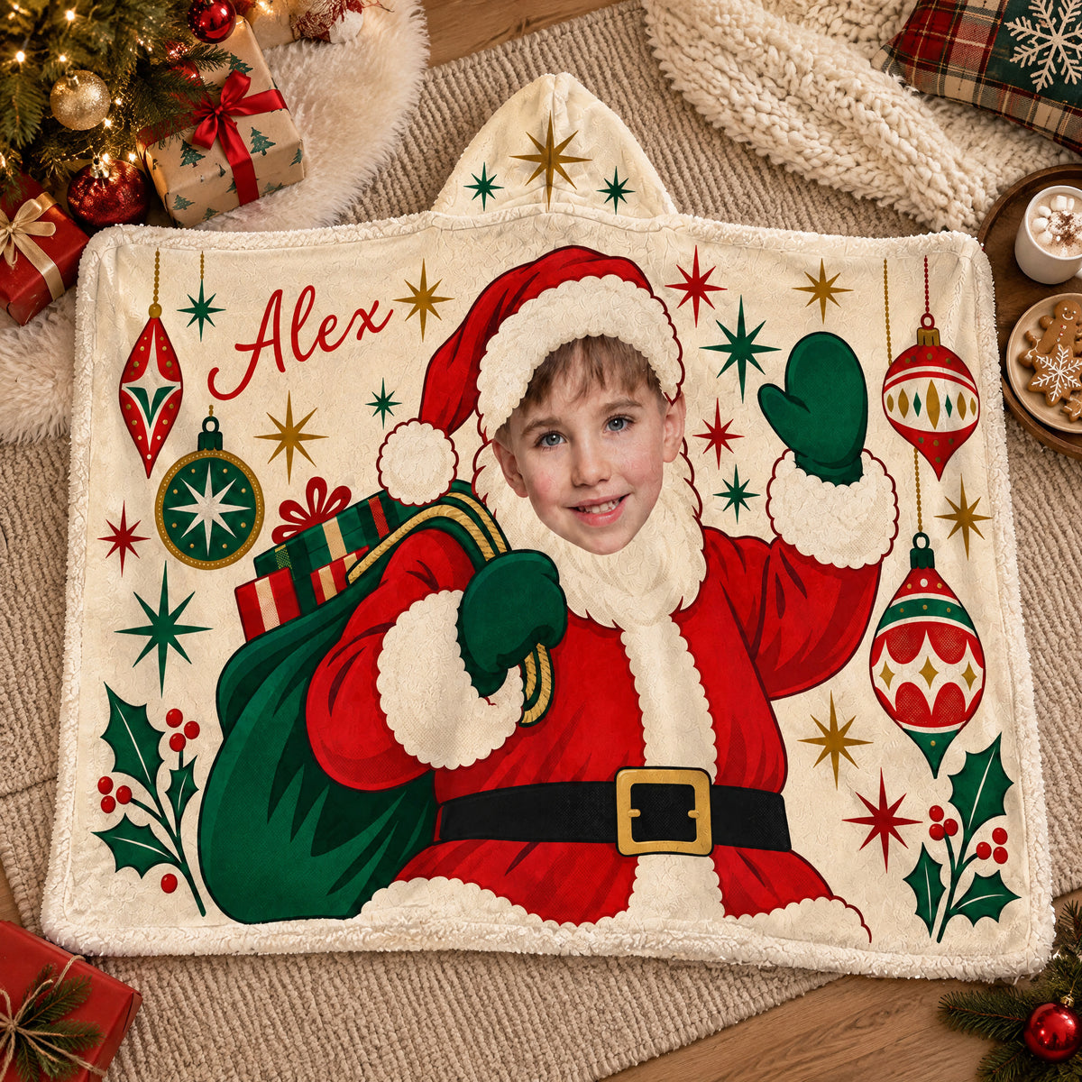 Making Christmas Extra Special - Personalized Hooded Blanket, Custom Santa Face &amp; Name, Cozy Holiday Gift