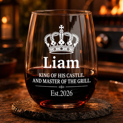 King Of His Castle & Master Of The Grill - Personalized Wine Glass, Custom Gift For Dad, Husband or Grandpa
