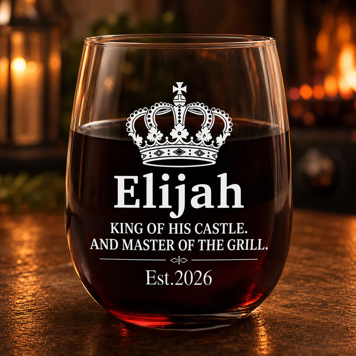 King Of His Castle &amp; Master Of The Grill - Personalized Wine Glass, Custom Gift For Dad, Husband or Grandpa