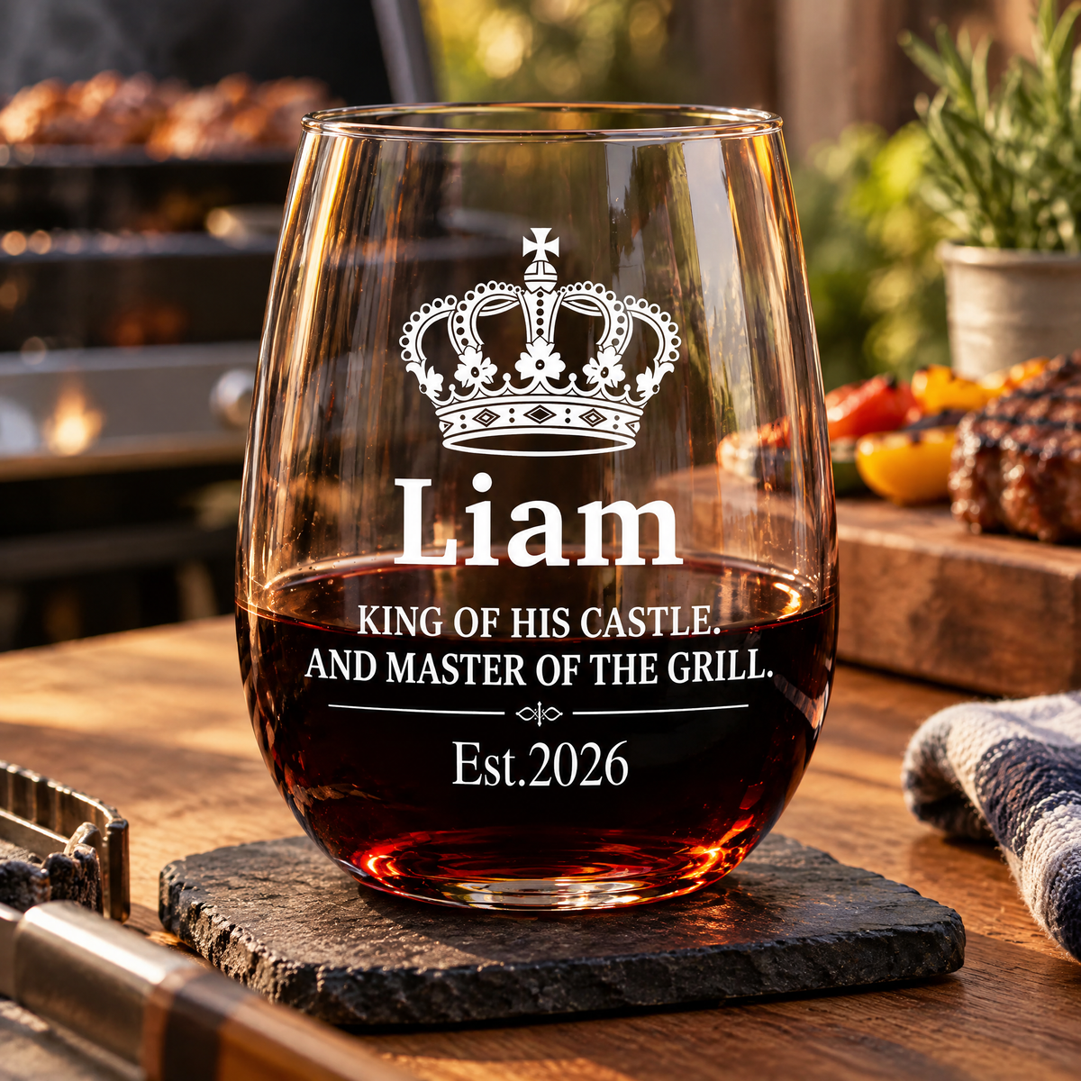King Of His Castle &amp; Master Of The Grill - Personalized Wine Glass, Custom Gift For Dad, Husband or Grandpa