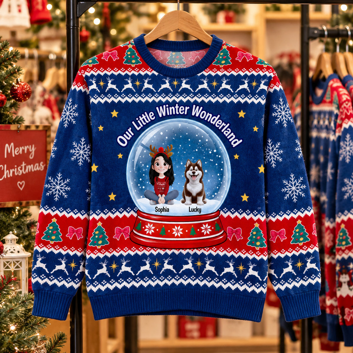 A Snow Globe Full of Christmas Joy - Personalized Wool Sweater, Cute Christmas Snow Globe Gift, Dog Lover Holiday Apparel, Ugly Sweater Party Outfit
