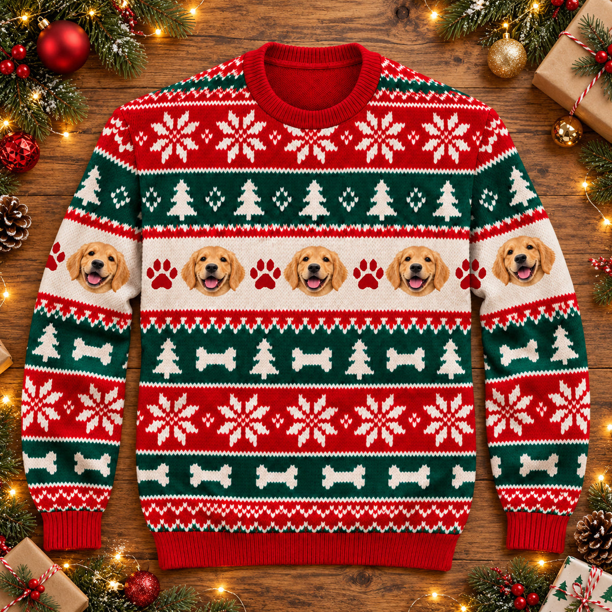 Personalized Pet Photo Christmas Sweater laid flat on a wood surface with holiday decor, dog faces and paw prints in a row