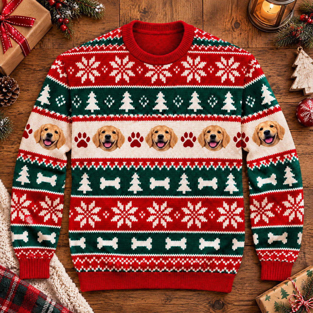 Personalized Pet Photo Christmas Sweater flat view with gifts, pinecones, a lantern and plaid cloth beside it