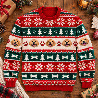 Personalized Pet Photo Christmas Sweater flat view with gifts, pinecones, a lantern and plaid cloth beside it