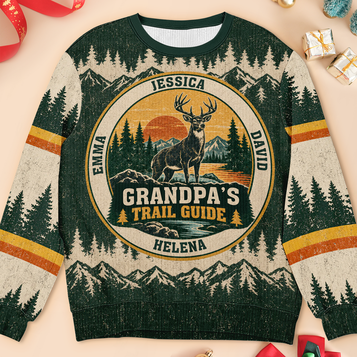 Grandpa's Trail Guide – Personalized Grandkids Names Vintage Deer Christmas Wool Sweater