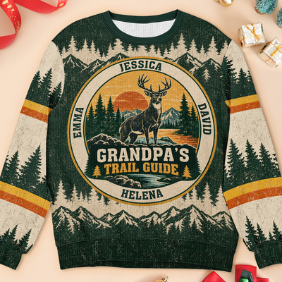 Grandpa's Trail Guide – Personalized Grandkids Names Vintage Deer Christmas Wool Sweater