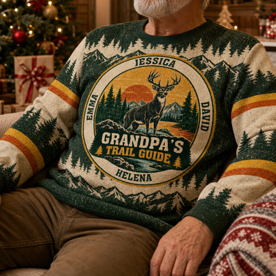Grandpa's Trail Guide – Personalized Grandkids Names Vintage Deer Christmas Wool Sweater