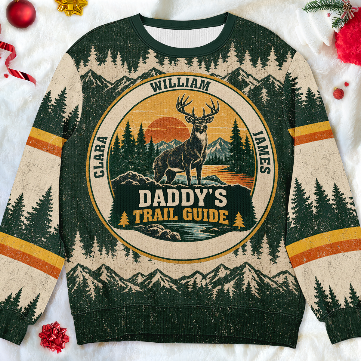 Grandpa's Trail Guide – Personalized Grandkids Names Vintage Deer Christmas Wool Sweater