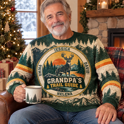 Grandpa's Trail Guide – Personalized Grandkids Names Vintage Deer Christmas Wool Sweater