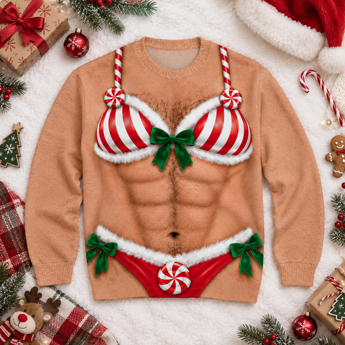 Naughty Never Looked So Nice - Personalized Wool Sweater, Candy Cane Bra and Brief Illusion Funny Xmas Ugly Sweater, Ugly Christmas Party Outfit, Holiday Gift for Men